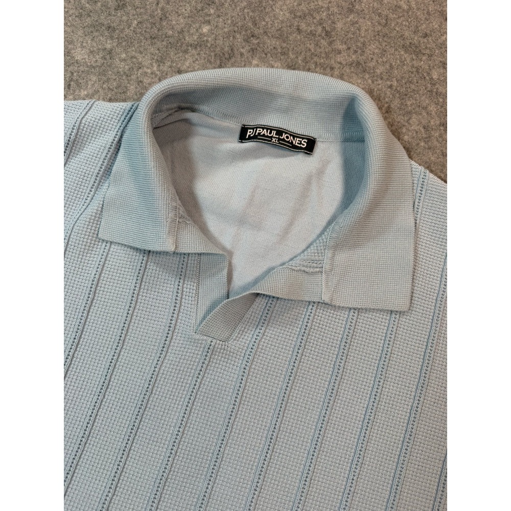 PJ Paul Jones Mens XL Light Blue Knit Polo Shirt Johnny Collar Textured Stripe
